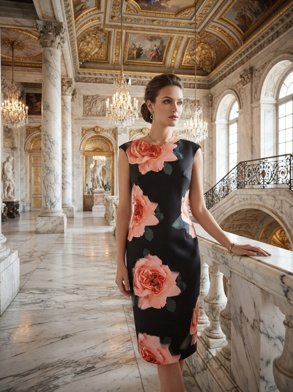 Black Midi Dress with Pink Rose Print